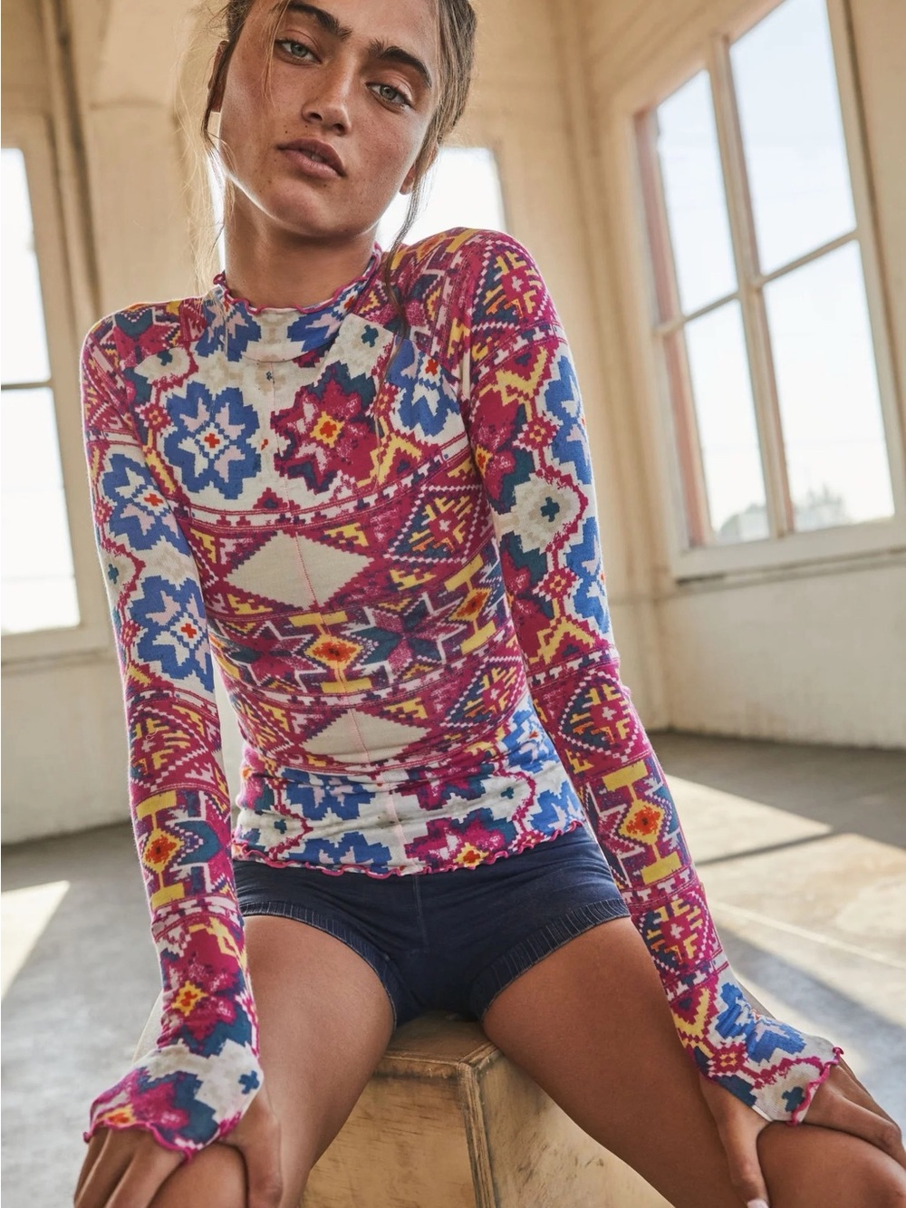 Free People FP Movement High Jump Long Sleeve Top Fair Isle Boho Geometric S
